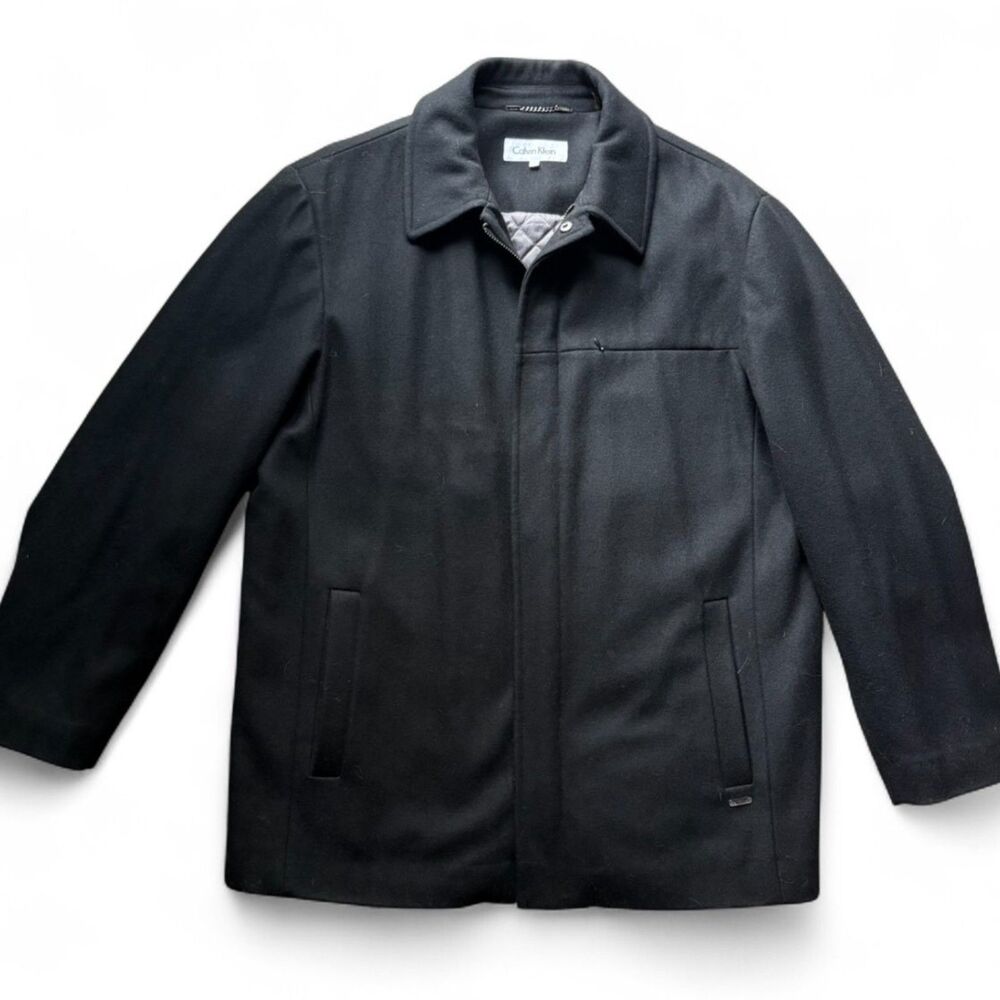 Calvin Klein Wool Blend, Black Overcoat Winter Jacket w/ Quilted Lining size L